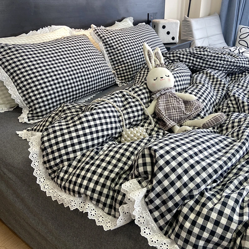 3-teiliges schwarz-weiß kariertes Bettbezug-Set (1 x Bettbezug + 2 x Kissenbezug, ohne Kern), Bettwäsche-Set aus Spitze, weich und bequem – Detail 3