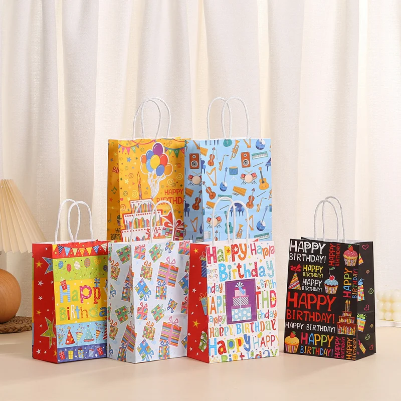 

Kraft Paper Shopping Bag with Birthday Text, Party Candy Gift Pouch Cartoon Design Tote
