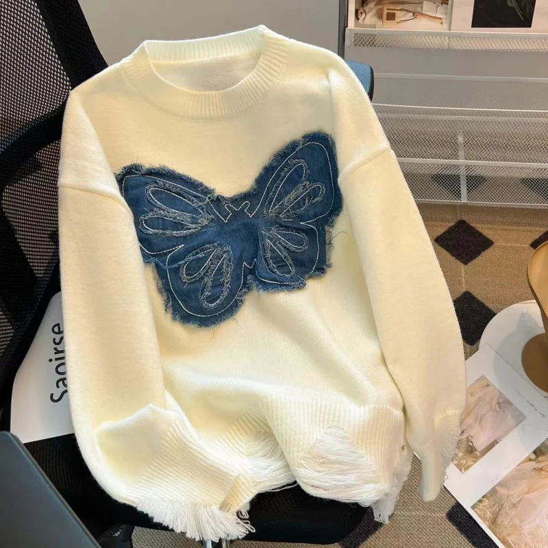 Women Clothing Vintage Knitting Sweater White Butterfly Contrasting Colors Long Sleeve Casual Fashion Baggy Female Winter Tops