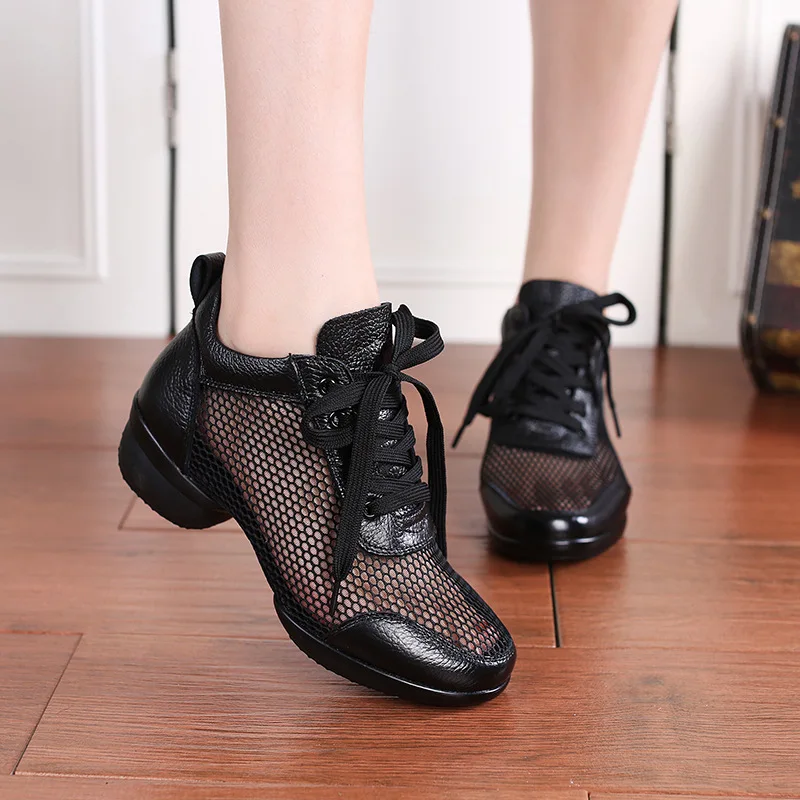 Women's Jazz Shoes Sneakers Modern Dance Summer Mesh Platform Walking Practice Ballroom Latin Dance Shoes genuine leather