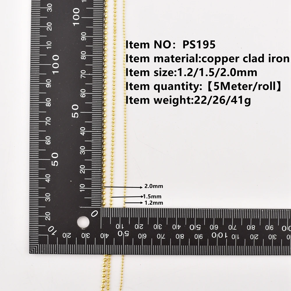 Metal Alloy Ball Beads Correntes para Colares, DIY Fazer Jóias, Resultados Acessórios, 1.2mm, 2.0mm, 5m por Lote