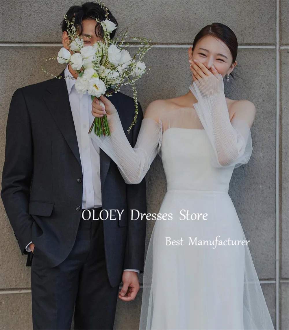 OLOEY Ivory Strapless A Line Wedding Dress With Sleeves Korea Photoshoot Pleat Tulle Bridal Gown Floor Length Bride Dress Custom