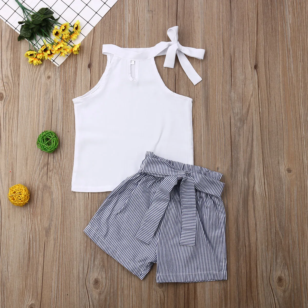 2Pcs Summer Outfits Kid Baby Girl Sleeveless Tie Knot Vest Bowknot Striped Shorts Sets