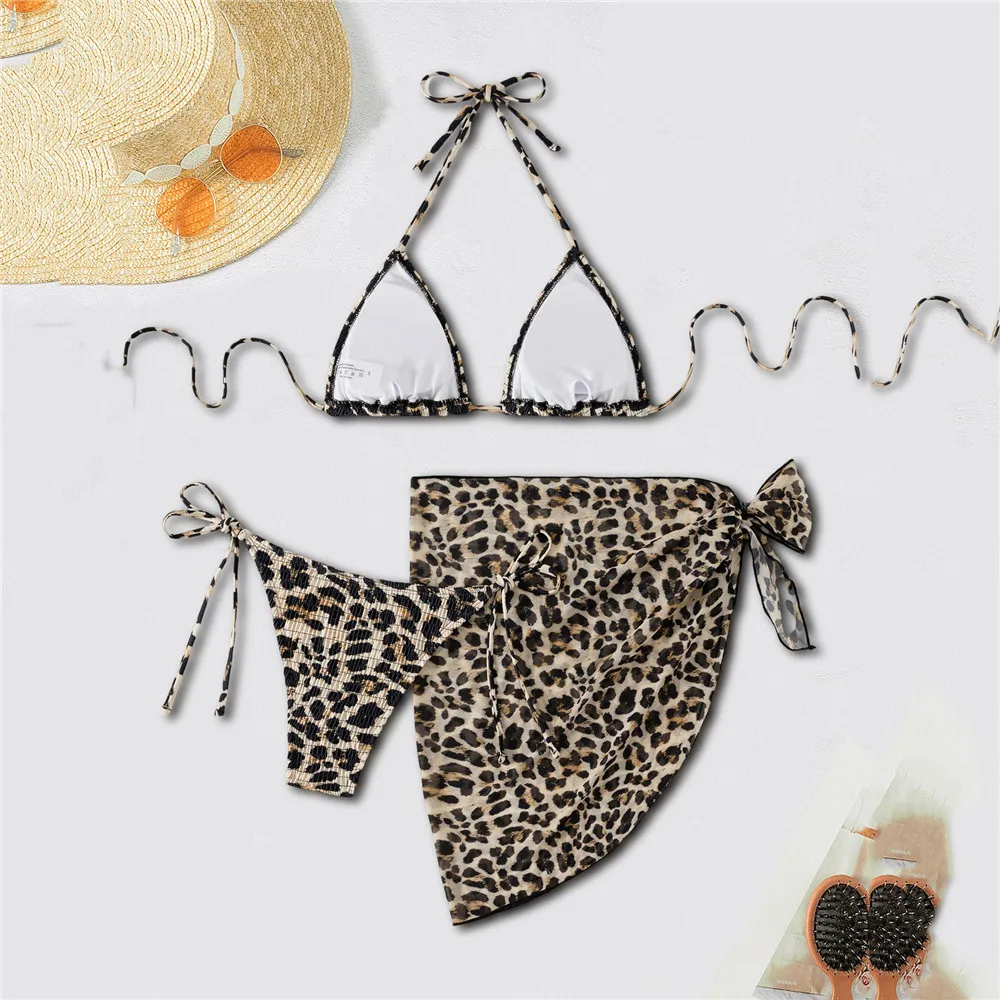 Leopard Print Micro Bikini Thong Cover Up String Halter Swimwear Women Sexy Swimsuit Bathing Suit 3 Piece Bikini Set Beachwear