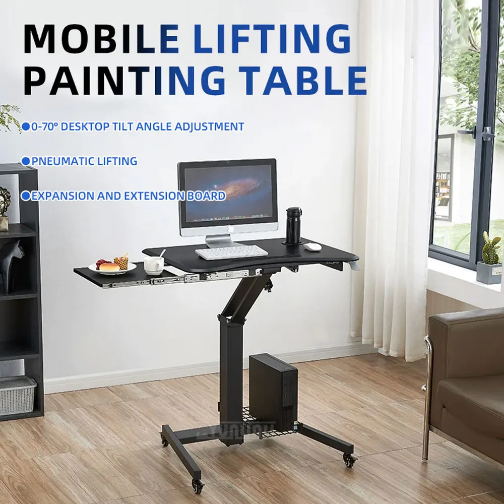 Pneumatic Tiltable Drawing Table, Mobile Lift Art Easel Computer Desk with Retractable Extension Panel