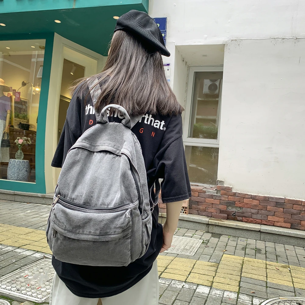 Denim Leisure Backpack Solid Students Fashion Schoolbags Large Capacity Zipper Vintage Backpack for Outing Hiking Shopping