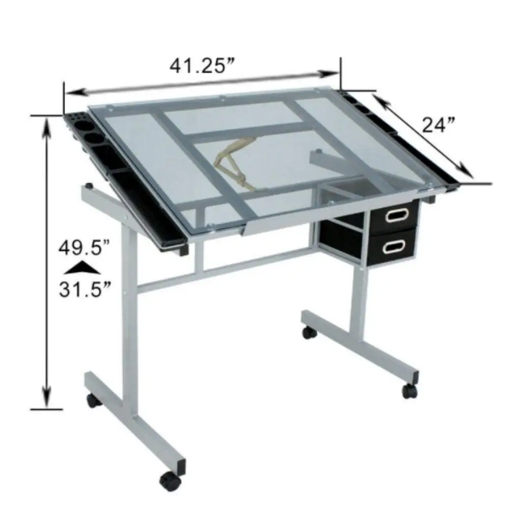 4-Wheel Tempered Glass Adjustable Drafting Desk, Custom