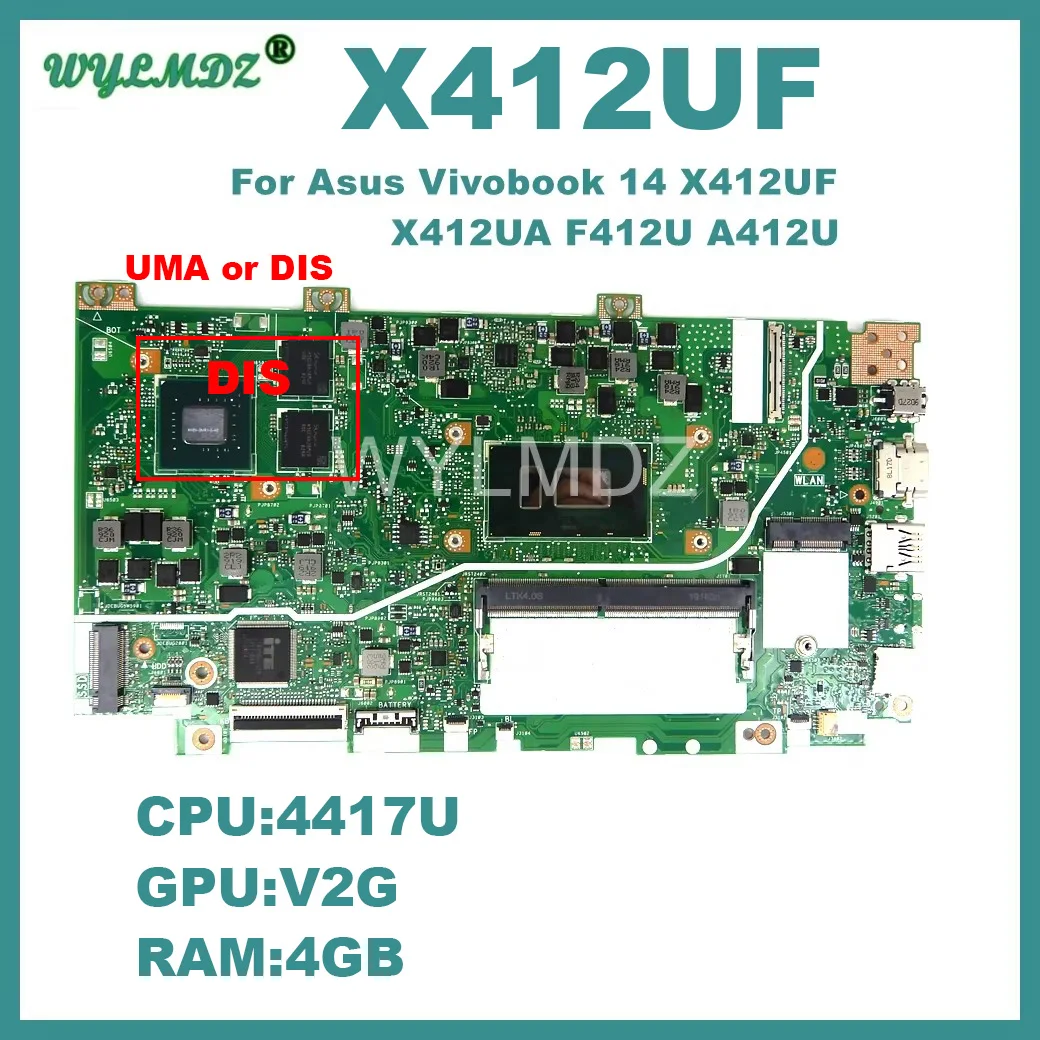 X412UB Mainboard For Asus Vivobook 14 X412UF X412UB X412UA F412U A412U 4417 i3-4GB CPU GPU V2G Motherboard 100% Tested OK