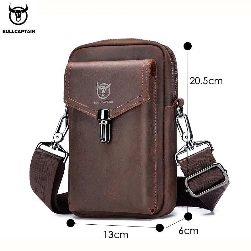 BULLCAPTAIN Crazy Horse Leather Men\'s Waist Bags Multifunctional 7-inch Mobile Phone Bag Bag Male Shoulder Messenger Bages Brown