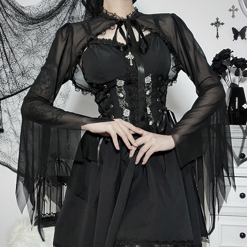 Women's Gothic Tops Dark Style Short See-Through Tops Women Lace Splicing Tie Burnout Cuffs Cowl Cardigan