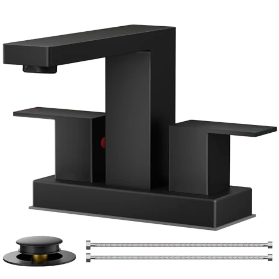 

Матовый черный смеситель для ванной комнаты с центральным изливом, 2 отверстия, квадратный, 4 дюйма, 2 ручки, с металлическим сливным клапаном Pop-Up, шланг 24 CUPC и запасной водосберегающий шланг