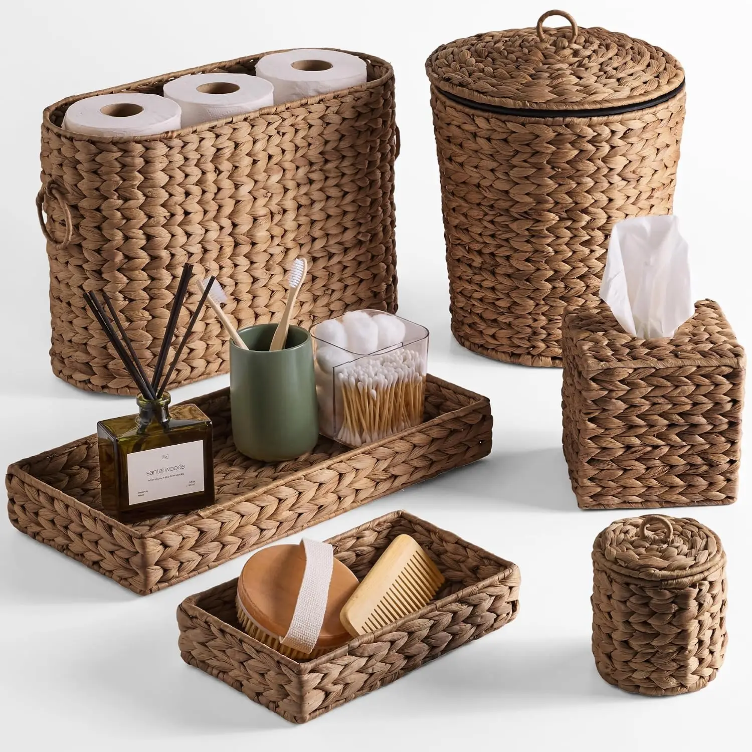 Products 6PC Bathroom Accessories Set, Vanity Trays,qtip Canister, Square Tissue Box Cover, Small Wicker , Customized