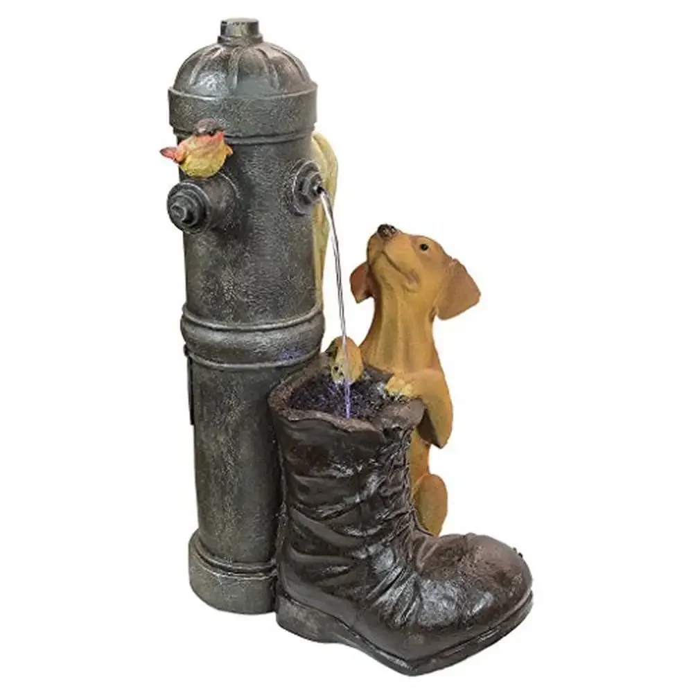 

Fire Hydrant Pooch Cascading Fountain LED Lights Outdoor Water Feature 15½"Wx13"Dx24½"H 16 lbs Resin Fireman Boot Puppy Garden