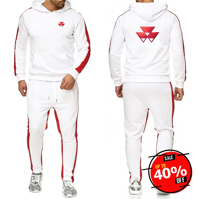2025 Spring Autumn Massey Ferguson Print Trendy Hooded Hoodies+Casual Sweatpants Suit Men's Solid Color High Quality Sports Sets