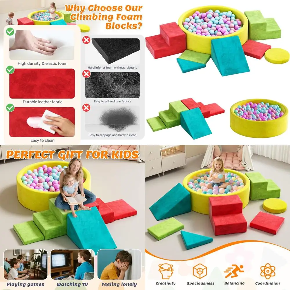 Juego de bloques de escalada de espuma para niños pequeños con pozo de bolas, juguetes de interior de juego suave de 8 piezas para edades de 1 a 3 años