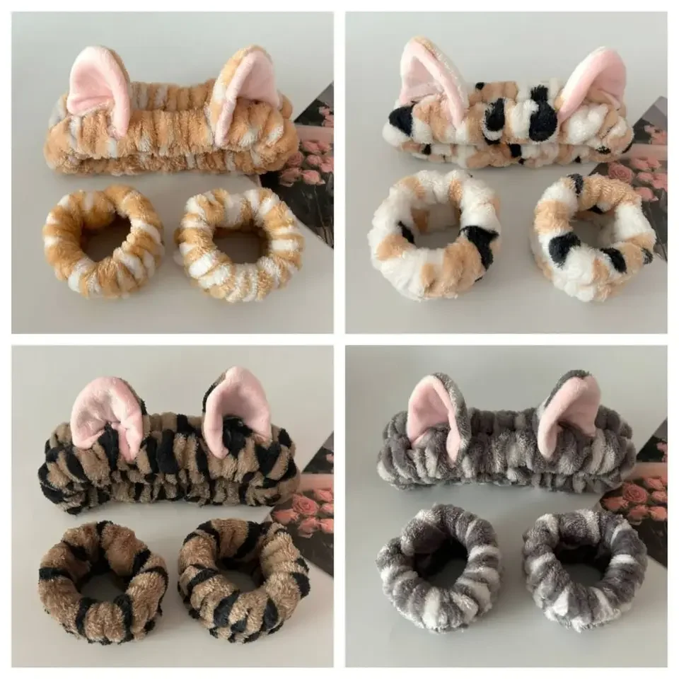 

3pcs/set Leopard Print Cute Ear Plush Headband Elastic Soft Wash Face Headbands Hair Accessories Coral Fleece Wrist Strap