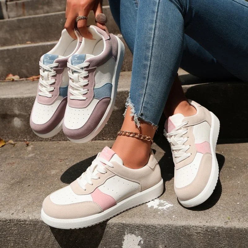 2025 Spring New Genuine Leather Fashionable Versatile Trendy Brand Flat Color-Block Comfortable Breathable Women's Sneakers