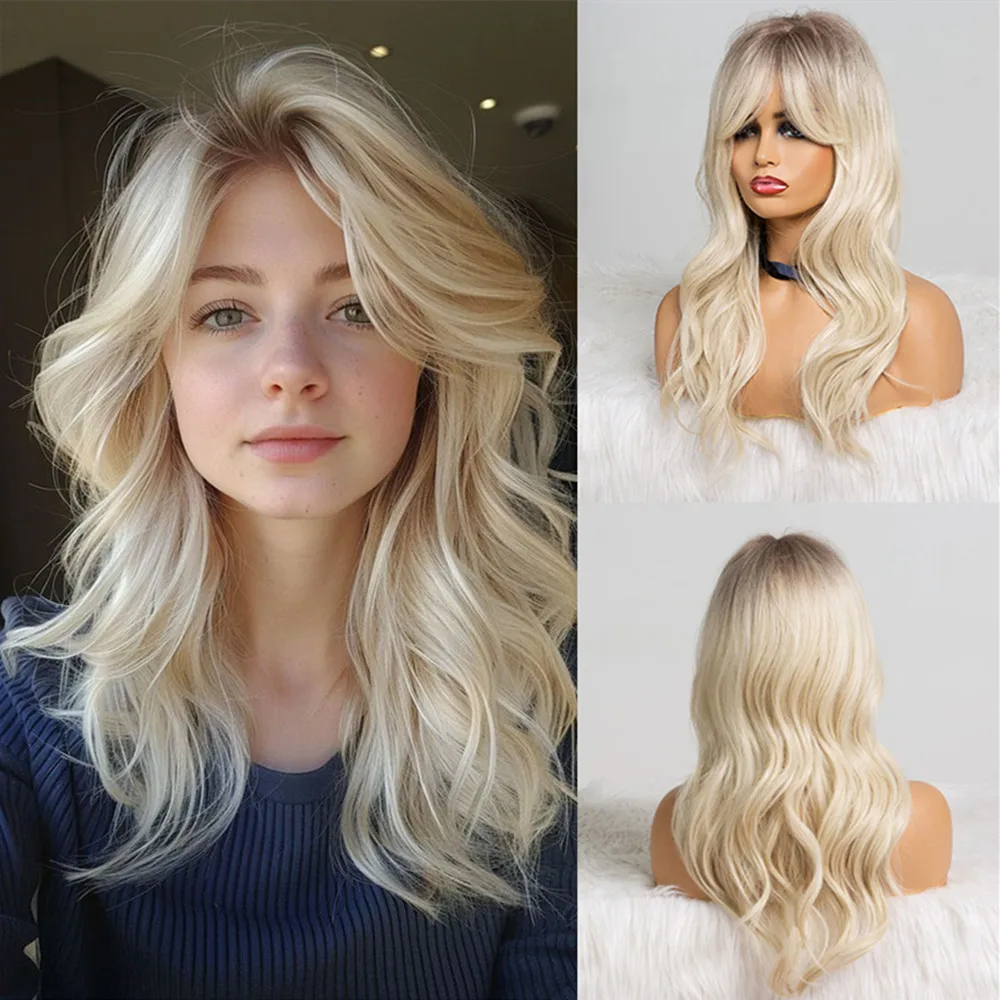 ALAN EATON Blonde Ombre Synthetic Wigs with Bangs Medium Length Wavy Hair Fluffy Soft Daily Wigs for Women Heat Resistant Fiber