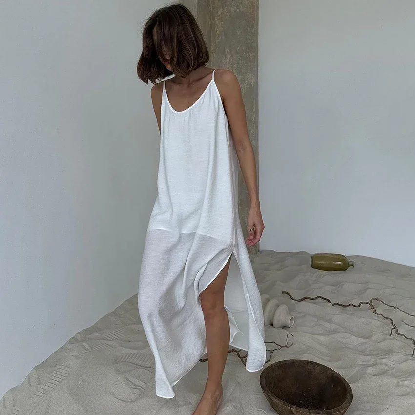 

Casual Loose White Long Dress Robe 2025 New Summer V Neck Dresses For Women Spring Sleeveless Straight Robes Nightgown