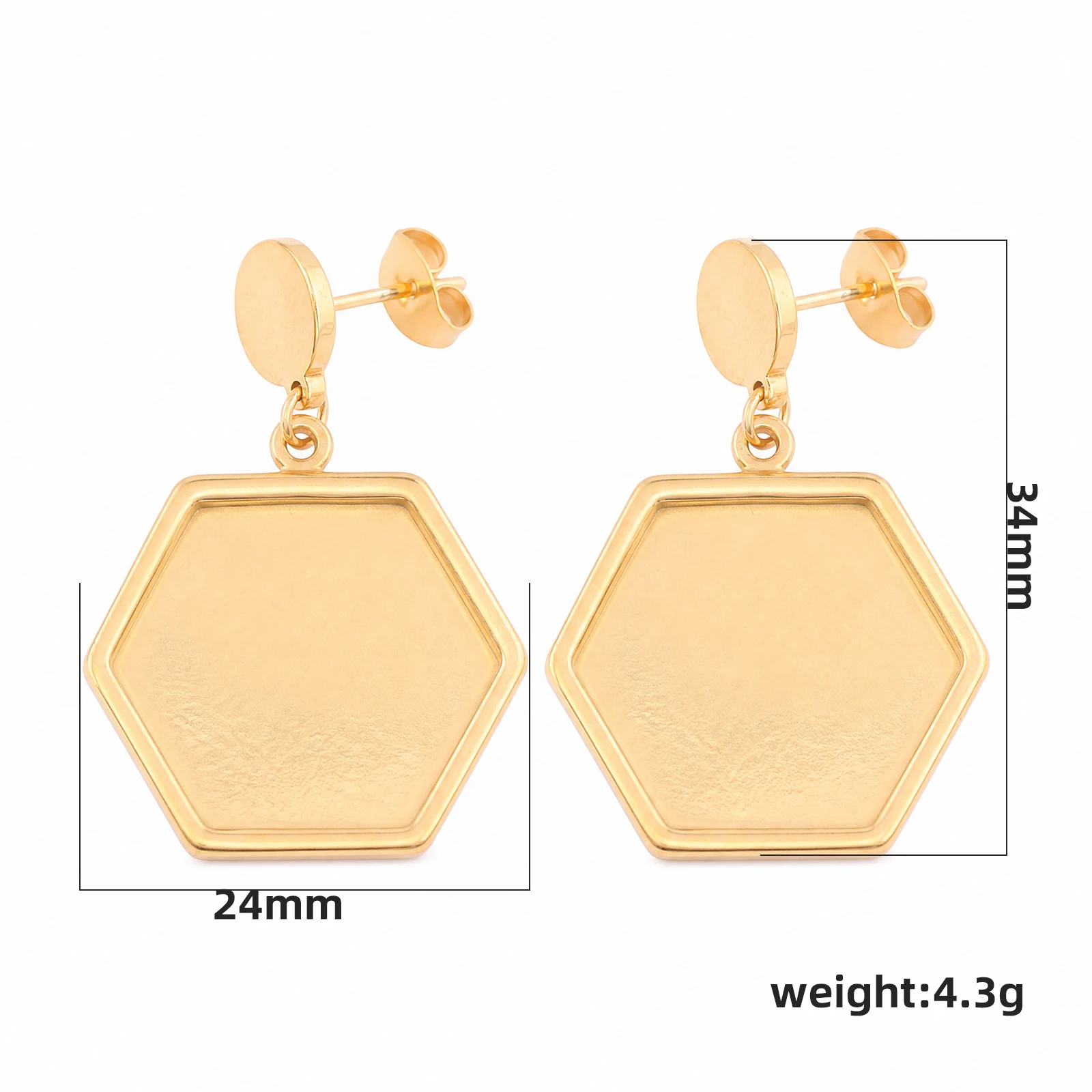 6pcs Stainless Steel Gold Plated 18mm Hexagon Cabochon Earring Base Blanks Diy Post Earrings Studs Findings For Jewelry Making
