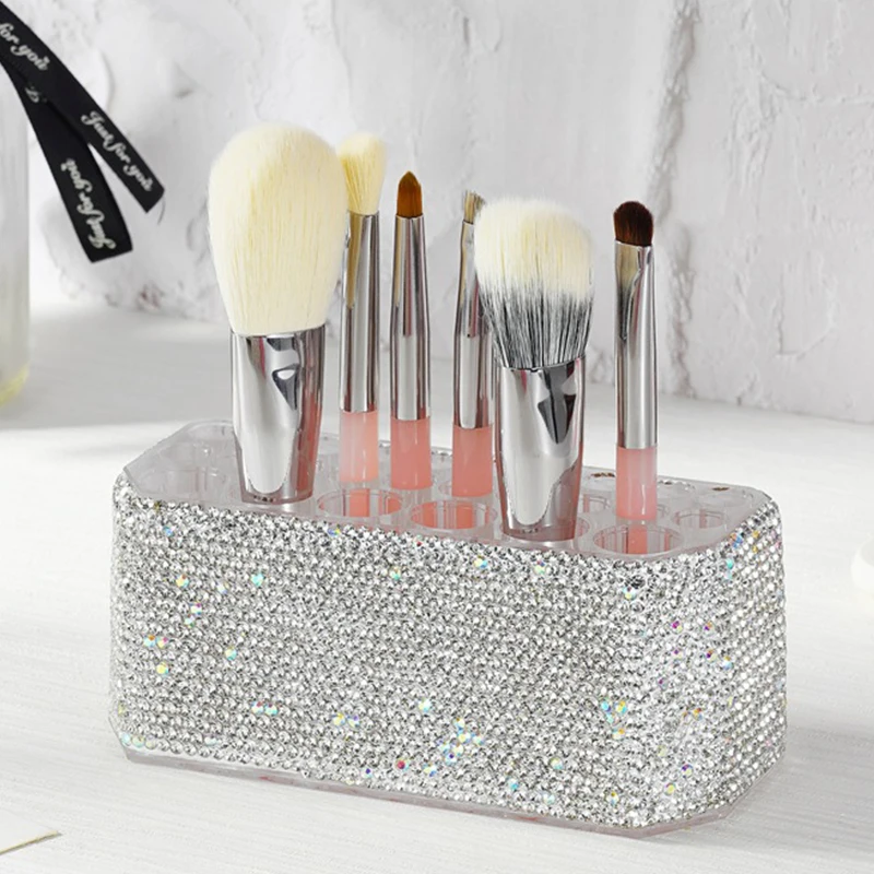 Acrylic Makeup Brushes Holder  26 Holes Rhinestone Diamond Cosmetics Storage Box Eyebrow Pencil Sorting Large Capacity Organizer