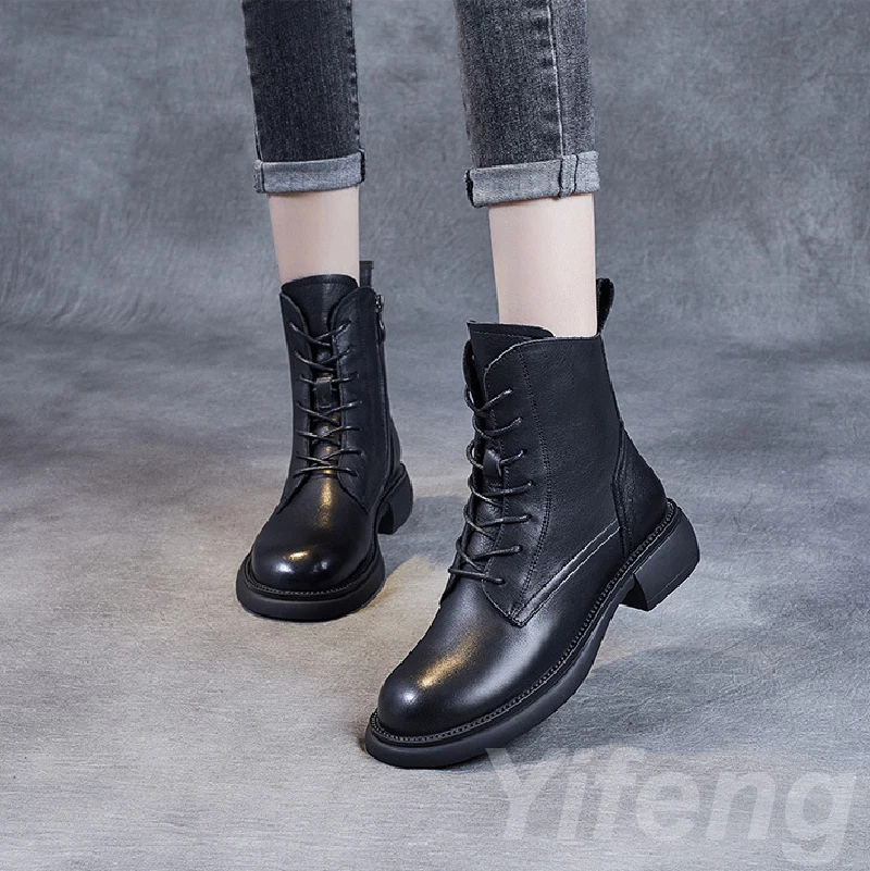 ManBritish Style Middle Boots Full Grain Cow Leather Women Cross Strap Side Zipper Flat Bottom Fashionable Thin Soft Comfortable