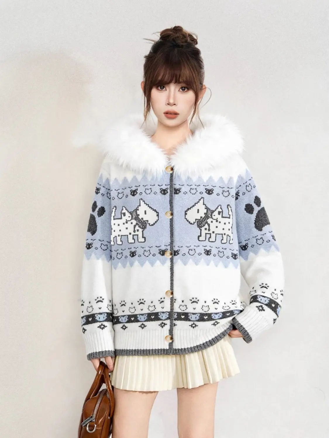 Harajuku Sweet Cute Pattern Jacquard Fur Collar Oversized Sweaters Women Fashion Winter Warm Lazy Style Knitted Cardigan Sweater