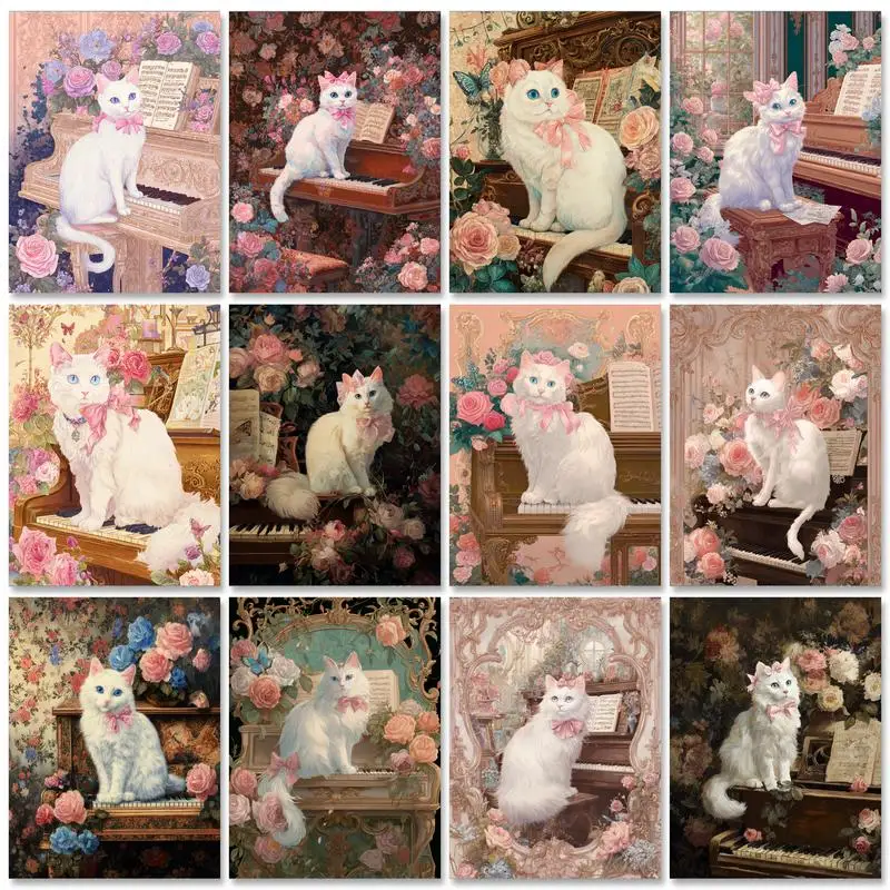 

GATYZTORY Acrylic Diy Painting By Numbers White Cat Picture With Numbers Animals For Home Wall Art Decors 60x75cm