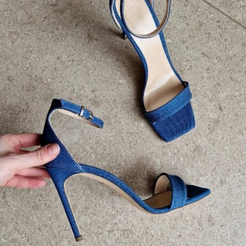 

Elegant Blue Denim Square Toe High Heel Sandals Ankle Strap Cover Heels Hollow Female celebrating Banquet Jeans Shoes