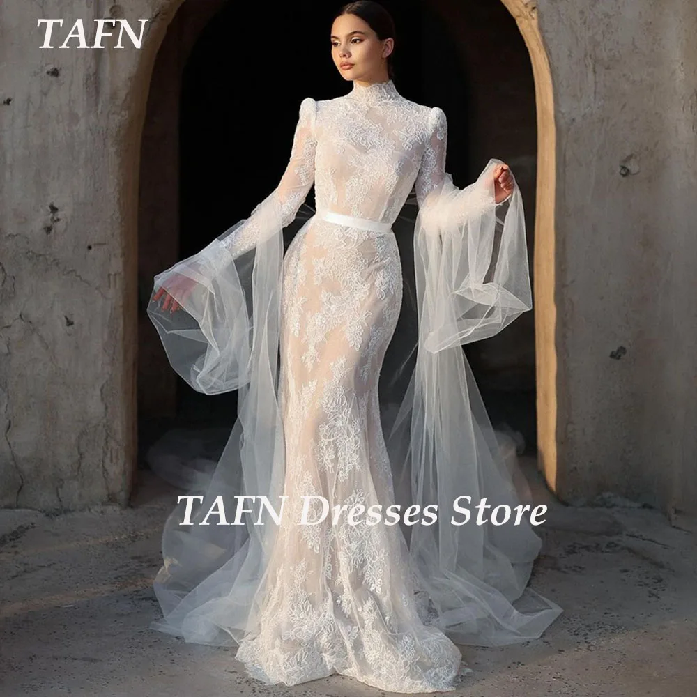 TAFN Civil Luxury Lace Wedding Dresses High Collar Full Sleeveless Mermaid Bridal Gown Custom Made vestidos de novia