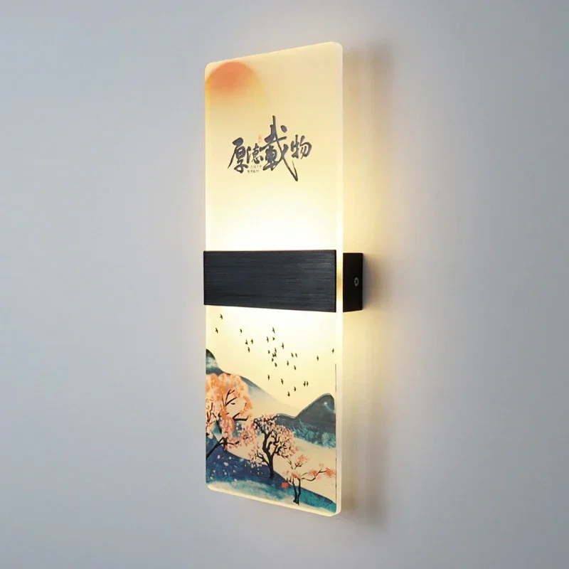 Classical Chinese Landscape Painting Wall Lamp Acrylic Lampshade Hotel Living Room Decoration Japanese Sconce Led Light