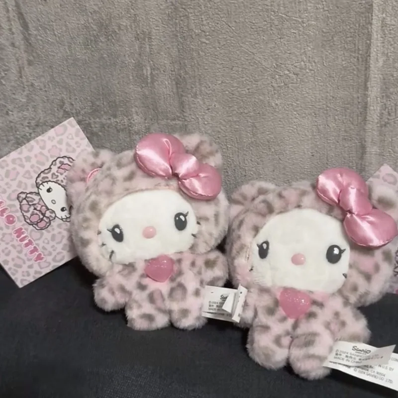 Kawaii Sanrio Leopard Print Bear Series Hello Kitty Keychain Cartoon Kitty Cat Plush Doll Keychain Bag Decorations Birthday Gift