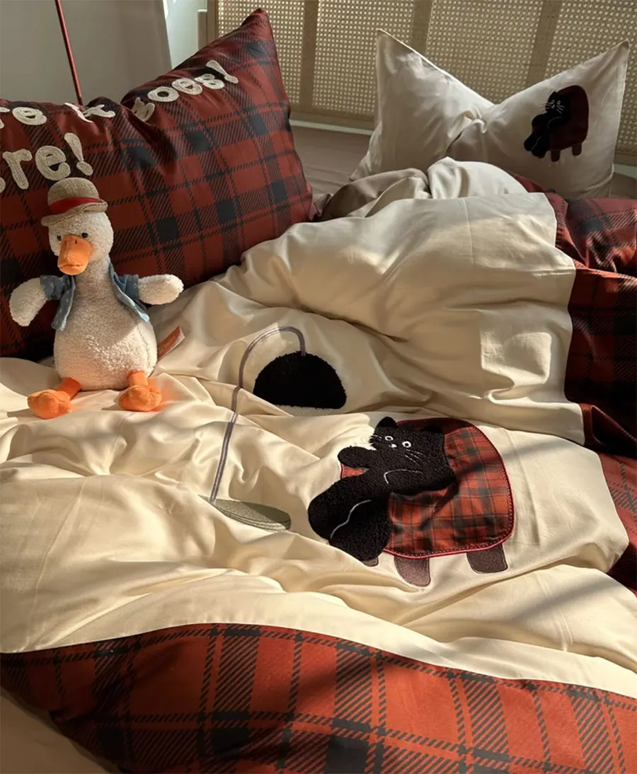 Classic red plaid cat bedding set teen,full queen king fashion checked 60s cotton home textile bed sheet pillow case quilt cover