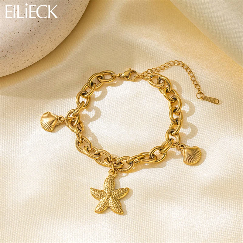 EILIECK 316L Stainless Steel Gold Color Starfish Shells Charm Bracelet For Women New Trendy Wrist Chain Jewelry Holiday Gifts