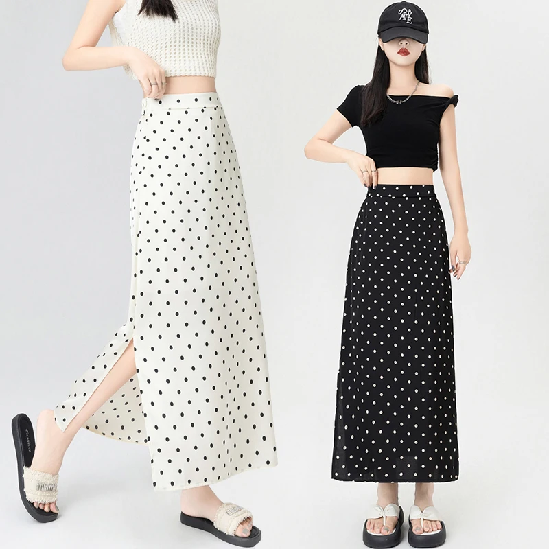 

Elegant Vintage Satin Skirts Women Simple A-Line Side Slit Dot Print Classy Skirt High Street Wrap Long Skirt Lady Beach Skirts