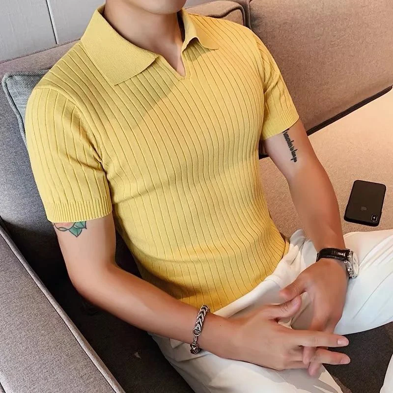 Elastic Slim Breathable Knit Solid Polo Men Short Sleeve T Shirt Summer Fashion Oversized Clothes Black White Yellow Plain Cool