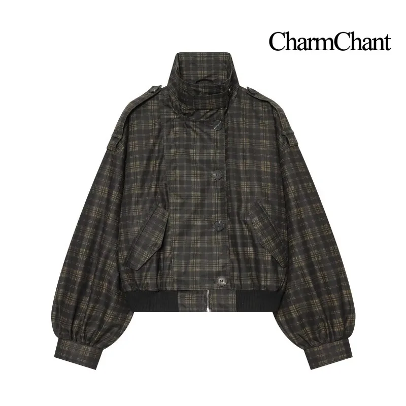 CHARMCHANT Women's Plaid Bomber Jacket Military Design High Collar Puff Sleeves Zipper Hem Short Coat Fashion Autumn Winter 2026