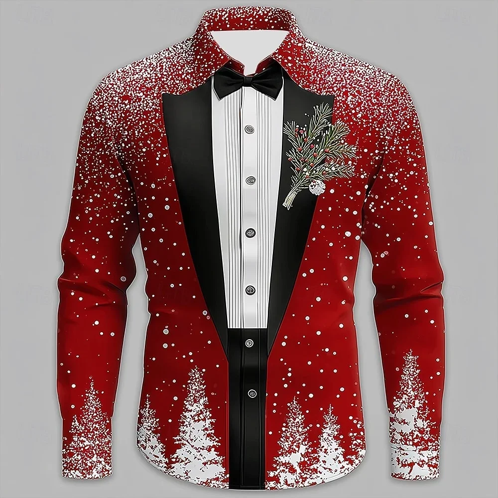

New Men's Bow Tie Fake Christmas Snowman Snowflake Shirt with Buttons, Long Sleeves Outdoor Holiday Clothing Fall/winter Style