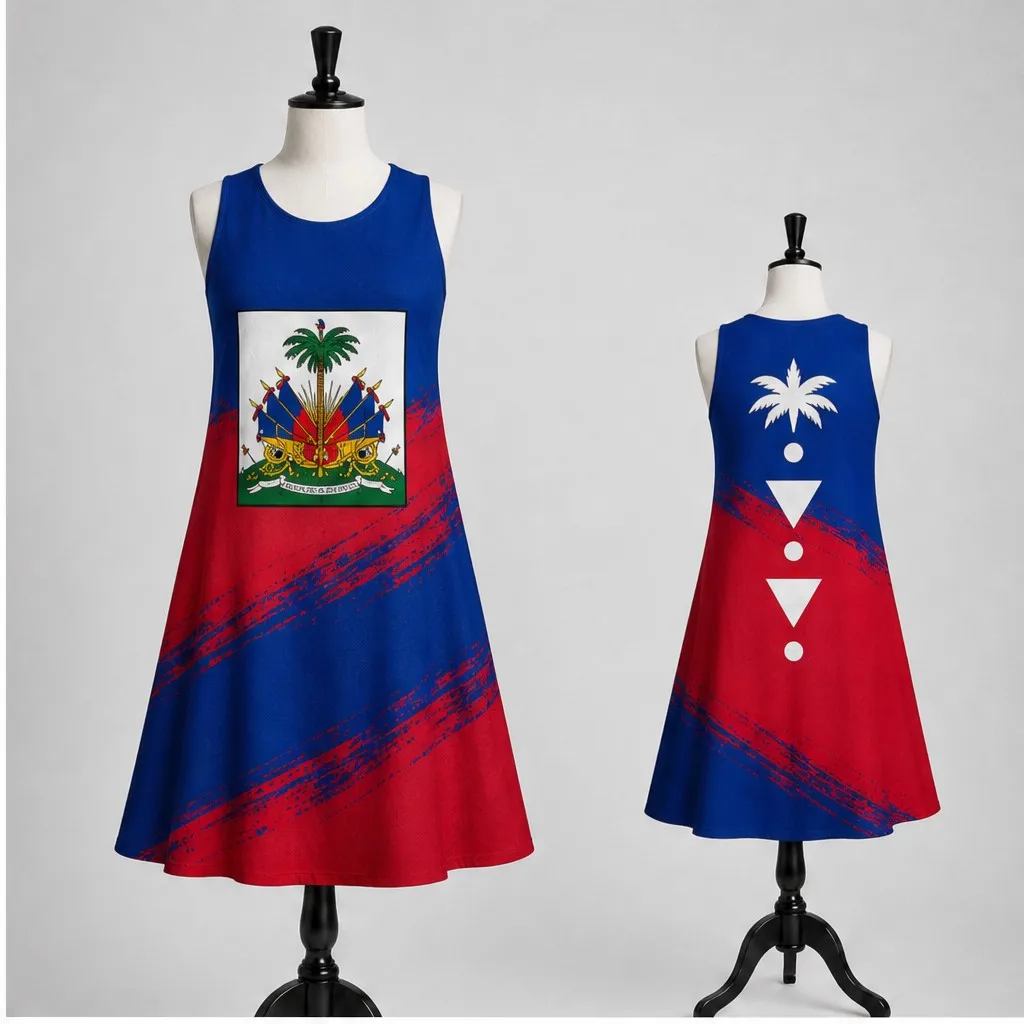 Womens Sleeveless Loose Dress Haiti Palm Crest Print Casual Swing Tank Sundress Summer Vacation Beach Ready Style Relaxed Wear view 4