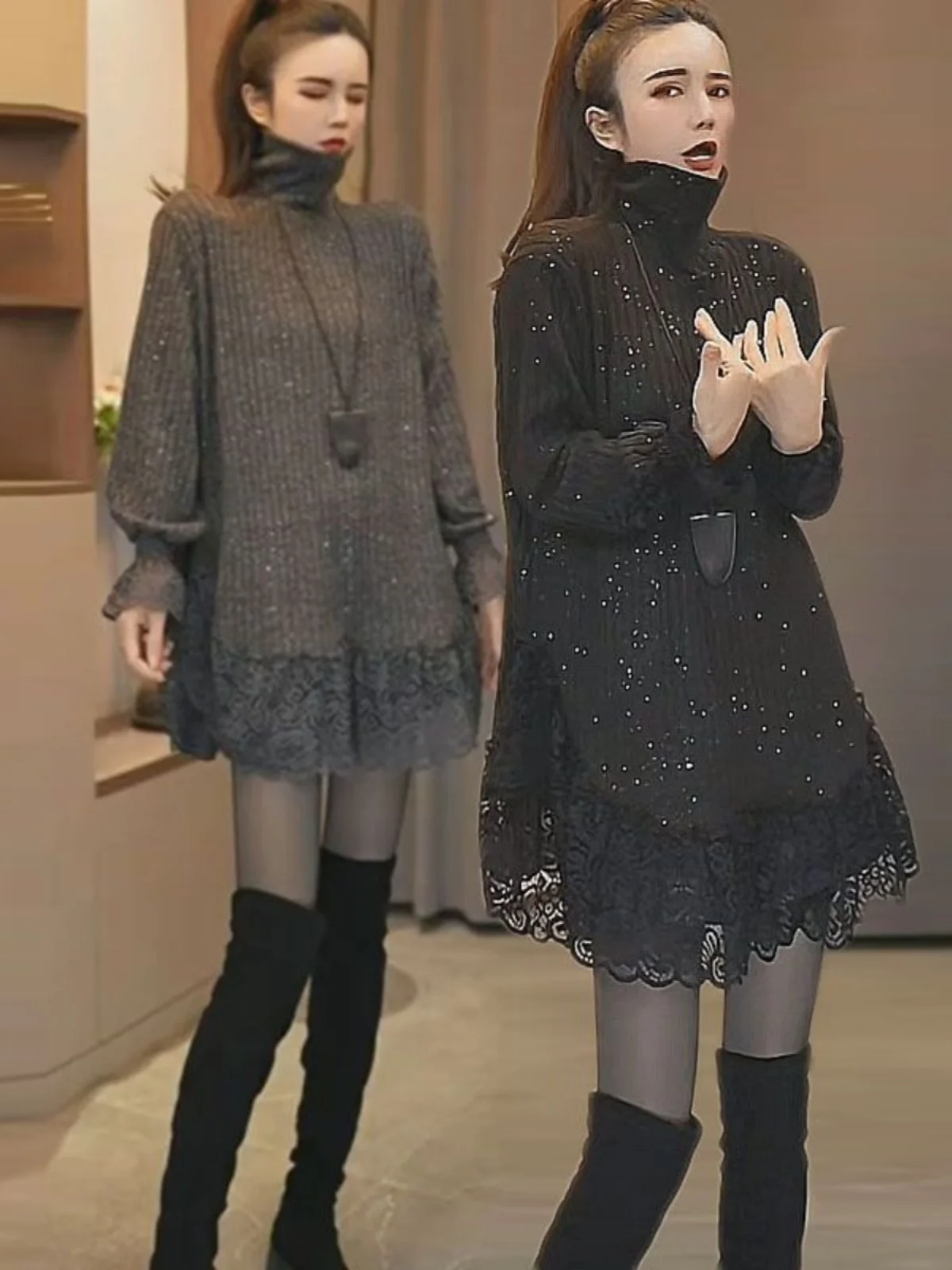 

Ele Bla Lace Trim Splice iny Top Large Size High Collar Unique Beautiful Base irt Korean Sle Polyester Fabric