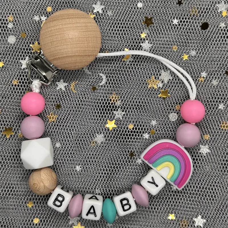 Personalized Pacifier Clip Baby Name Silicone Rainbow Pacifier Clip Colorful Pacifier Chain Teething Toys  BPA Free Newborn Gift