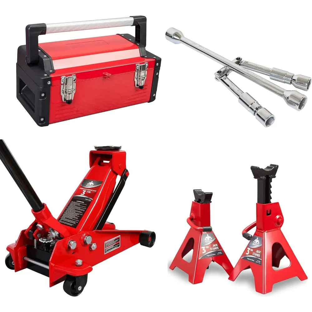 

дом. 3-тонный напольный домкрат и 16-дюймовый металлический ящик для инструментов, 4-сторонний складной гаечный ключ и 3-тонные подставки для домкрата.