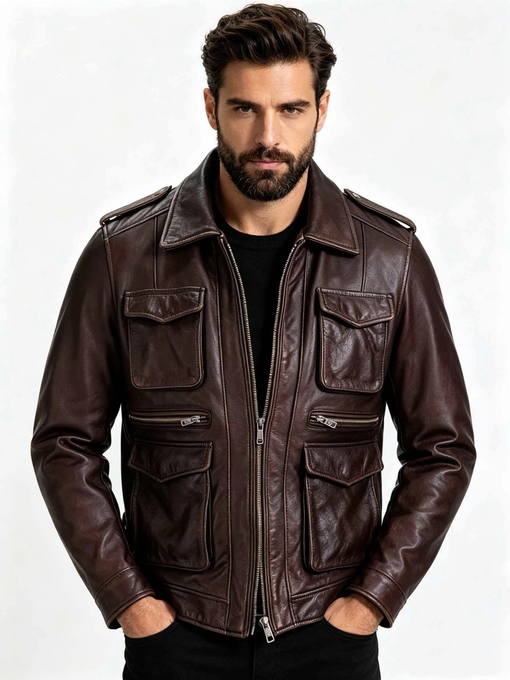 Men's Red Brown Leather Flight Jacket Vintage Military Style Multi-Pocket Bomber Coat Genuine Cowhide Zip Front with Epaulettes