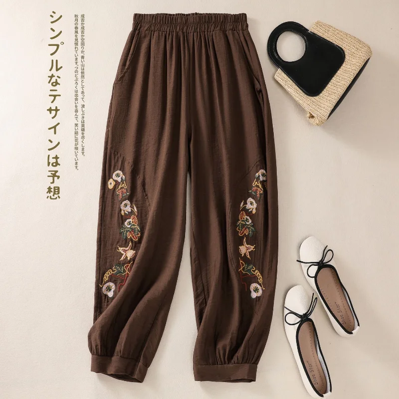 Large Size Spring/summer Vintage National Style Embroidered Lantern Women Loose Cotton Linen Bunched Feet Linen Nine-point Pants