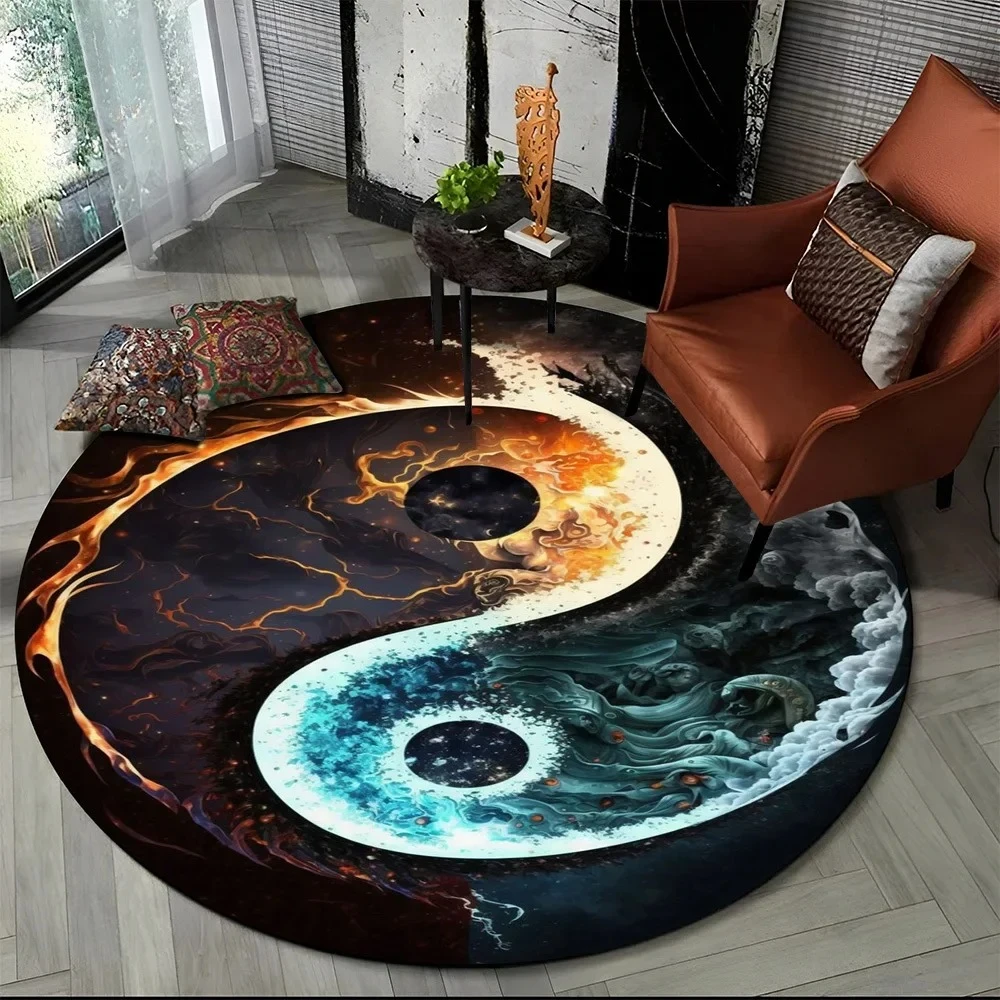 Round Tai Chi Theme Pattern Area Rug Cat Dragon Universe Mat Non Slip Soft Stylish Colorful For Living Room Bedroom Home Decor