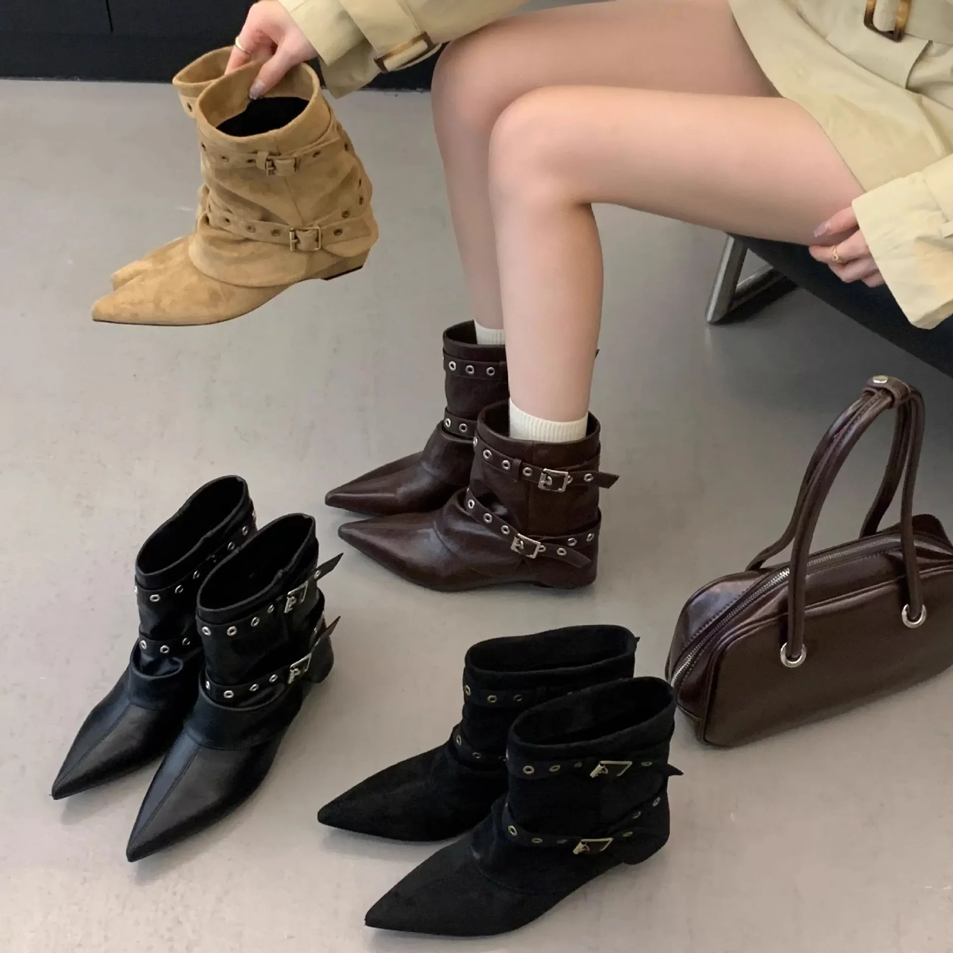 

Designer Heeled Women's Boots Pointed Toe Mid Calf Leather Shoes Fashion Winter Boots New Trend Walking Gothic