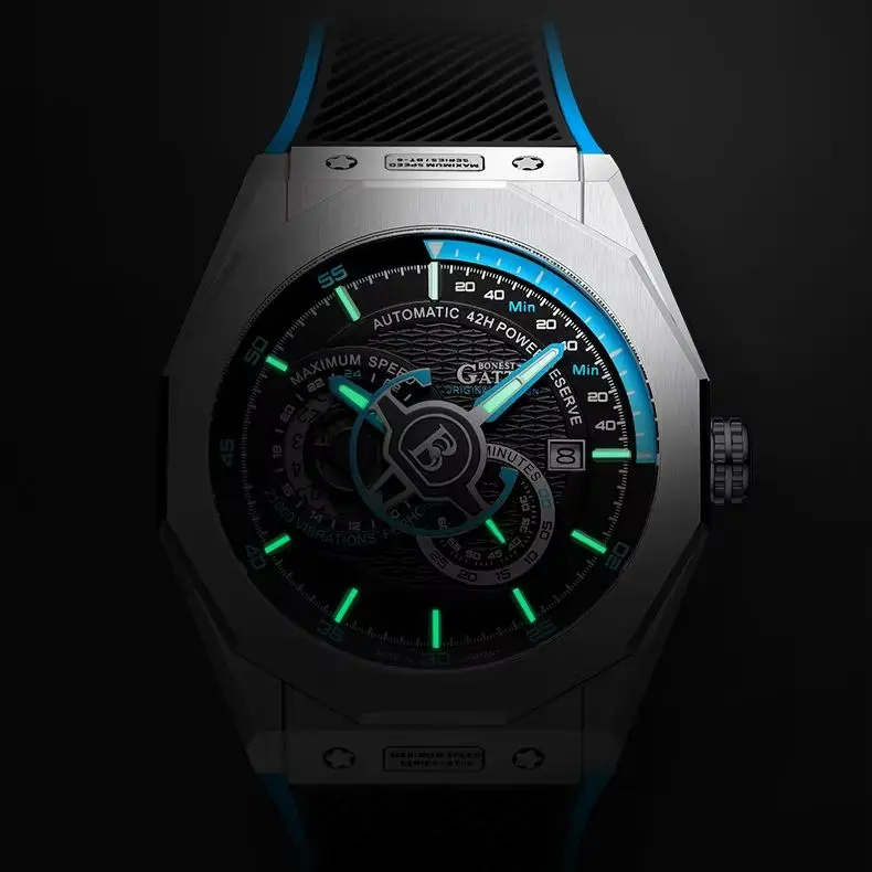 BONEST GATTI Men Automatic Watch 42mm Mechanical Wristwatch 50M Waterproof Sapphire Mirror Luminous Skeleton Dial FKM Strap