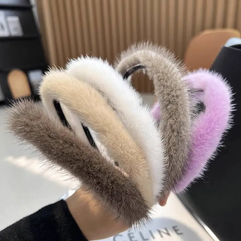 

Winter Real Mink Fur Hair Hoop Fashion Fur Headband For Women Fluffy Natural Fur Hair Band Furry Gift Hot Sale Hair Accessories