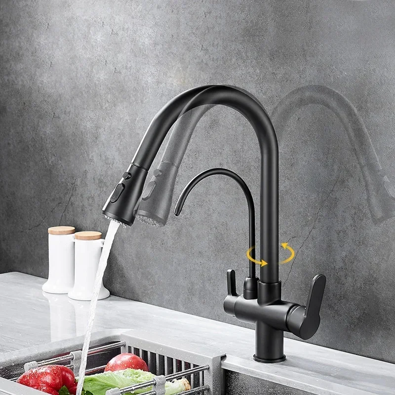 YYHC- wholesale modern brass dual handle pure water kitchen faucet pull out  360 single hole sink faucet