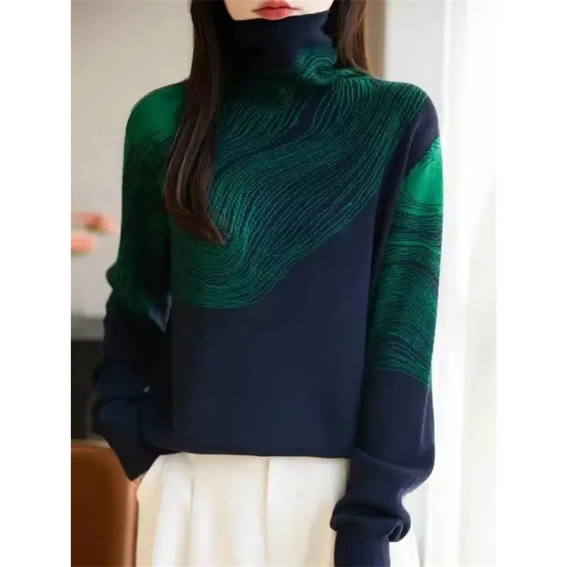 

Весенне-осенний женский модный пуловер с высоким воротом, женский свитер высокого класса, большой размер 4XL, вязаный женский повседневный вязаный свитер с цветными блоками